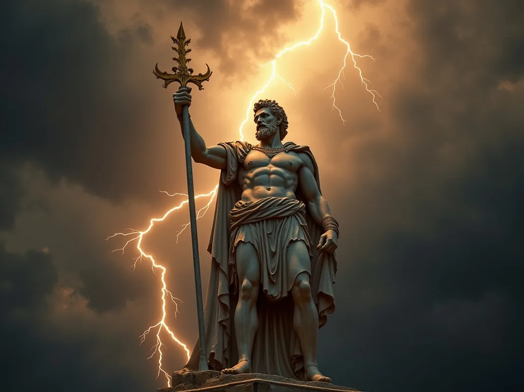 Zeus statue holding lightning bolt against stormy sky