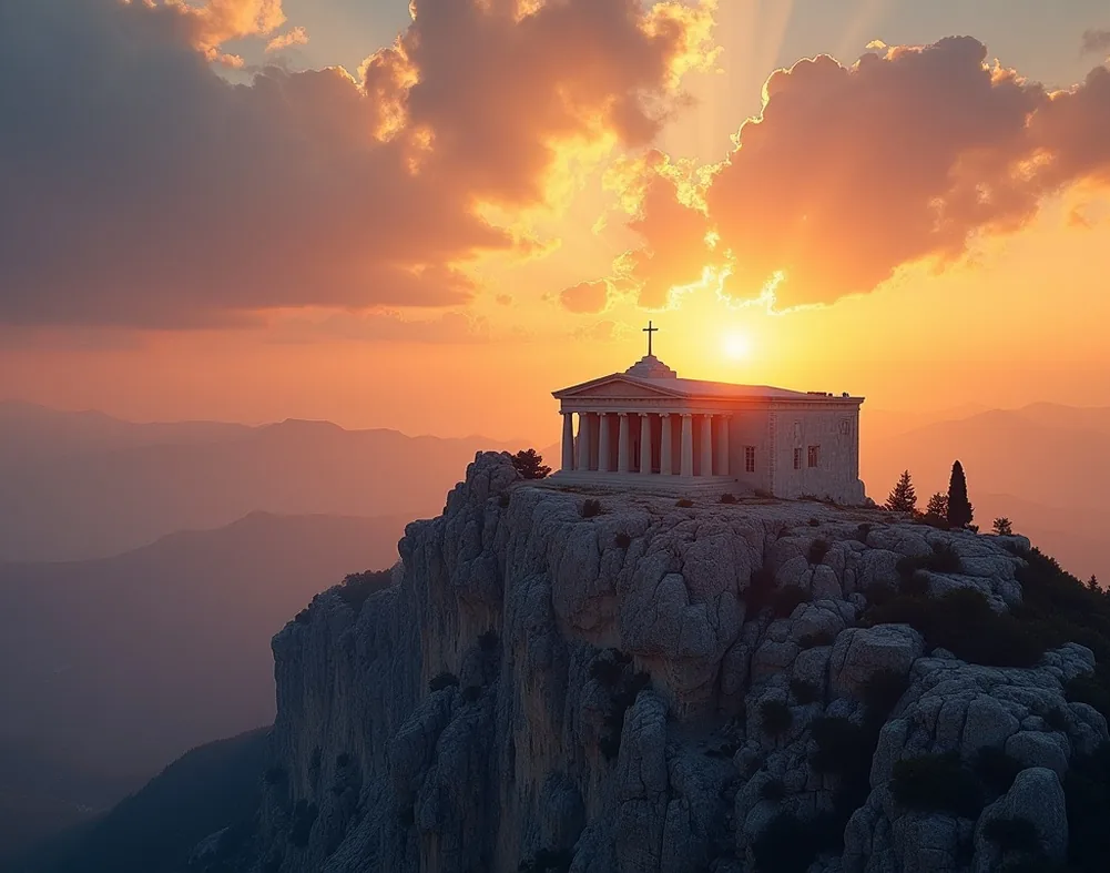 Marble Olympus temple on mountain peak at sunset