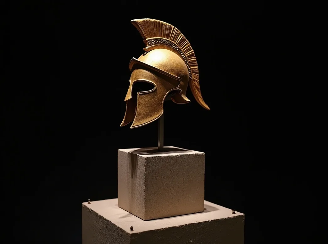 Spartan helmet on stone pedestal